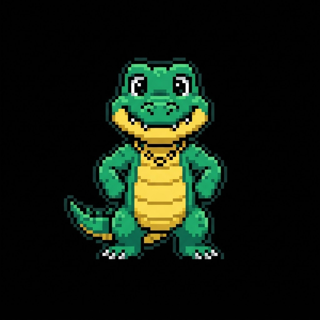 GMGN mascot: a small green pixel crocodile with a yellow belly and a gold chain
